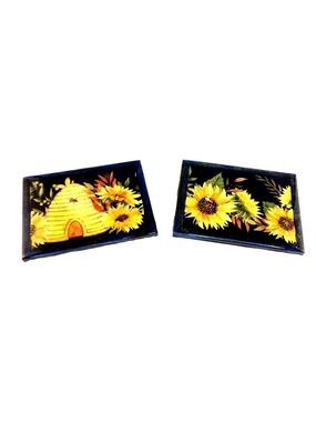 Sunflower Beehive Resin Tile Trivet Coaster Set Blue Yellow